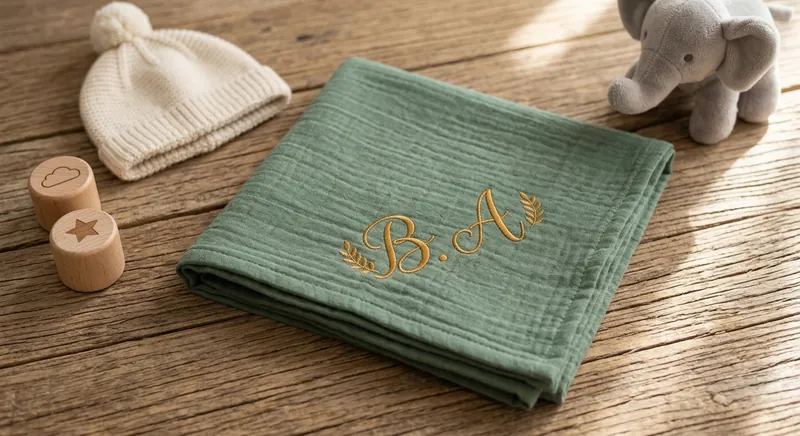 Saliegroene hydrofiele doek met de initialen B.A en blaadjes in goudgeel geborduurd