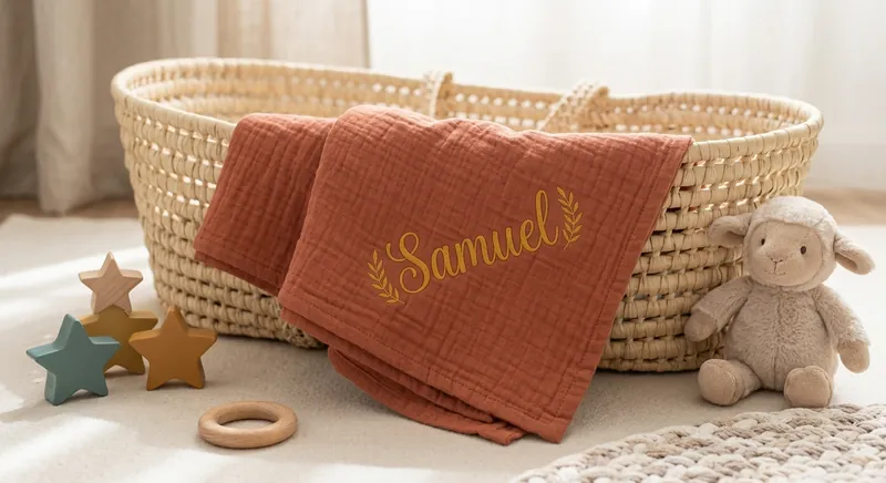 Terracotta hydrofiele doek met de naam Samuel in goudgeel geborduurd, over een rieten mozesmandje