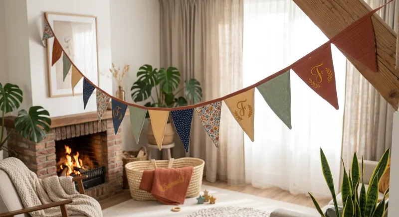 Vlaggenlijn met geborduurde initialen in een lichte babykamer