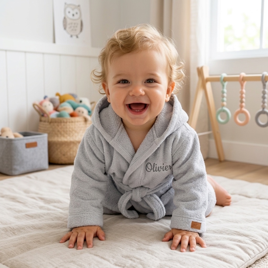 Baby kruipt op een speelkleed in een grijze badjas met geborduurde naam