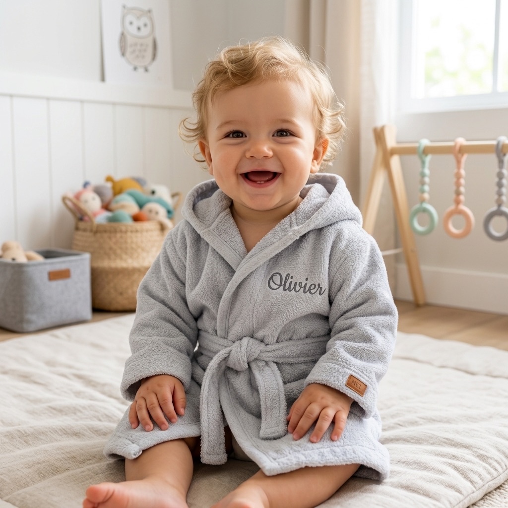 Lachende baby in een grijze badjas met capuchon en de geborduurde naam Olivier
