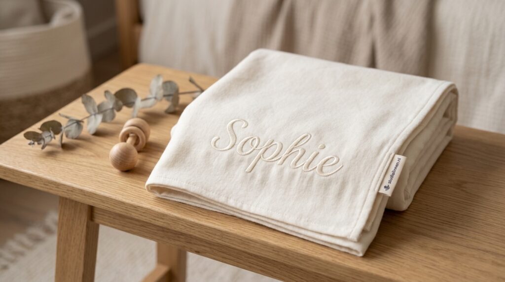 Opgevouwen crèmekleurige babydeken met de geborduurde naam Sophie op een houten bankje, naast een houten rammelaar en eucalyptus