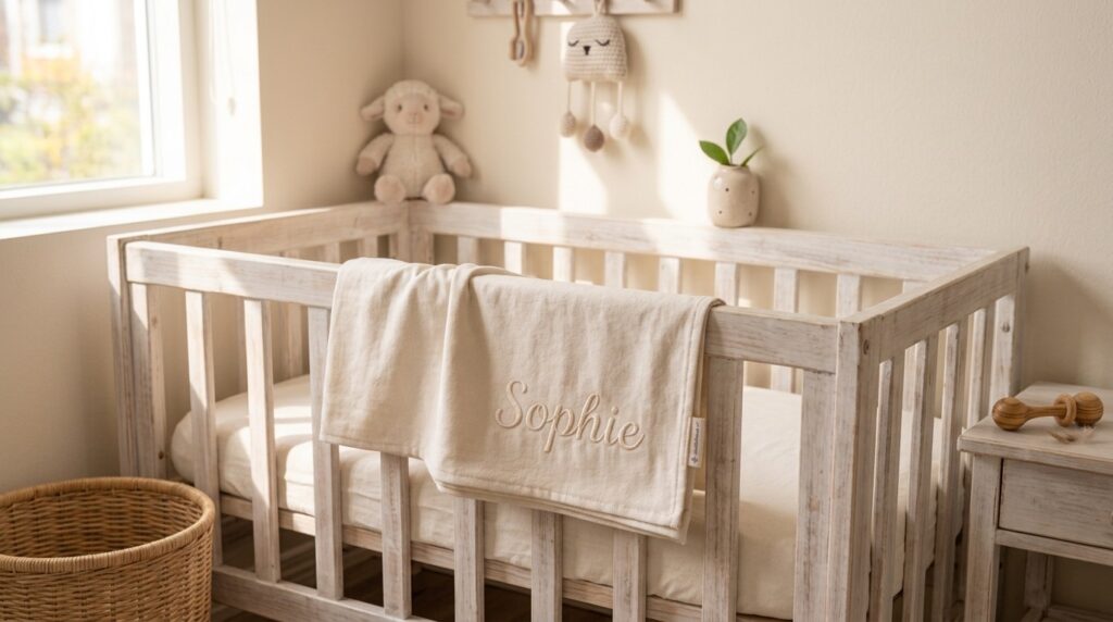 Babydeken met geborduurde naam Sophie over de rand van een wit houten ledikant in een lichte babykamer