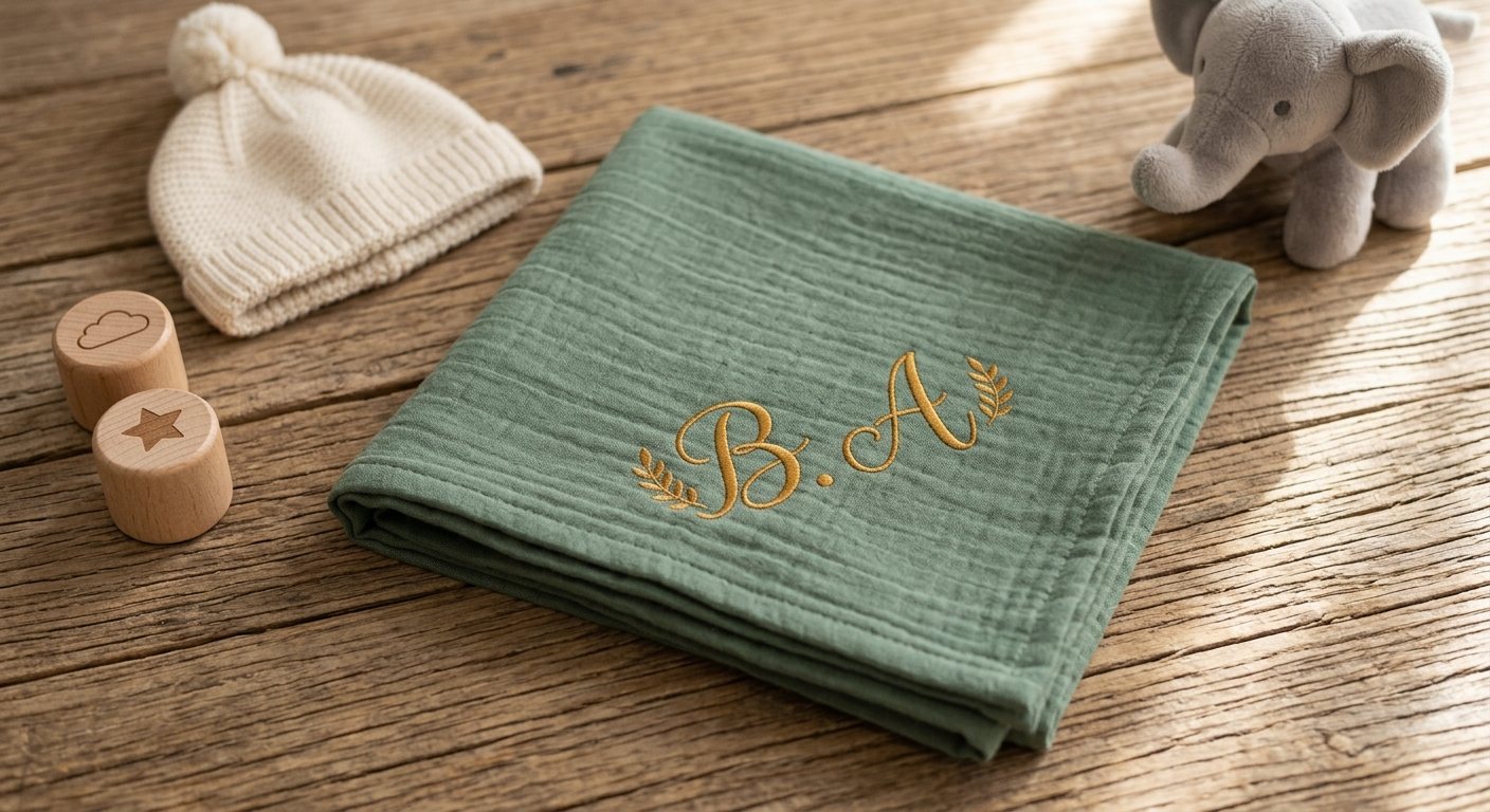 Saliegroene hydrofiele doek met geborduurde initialen B.A