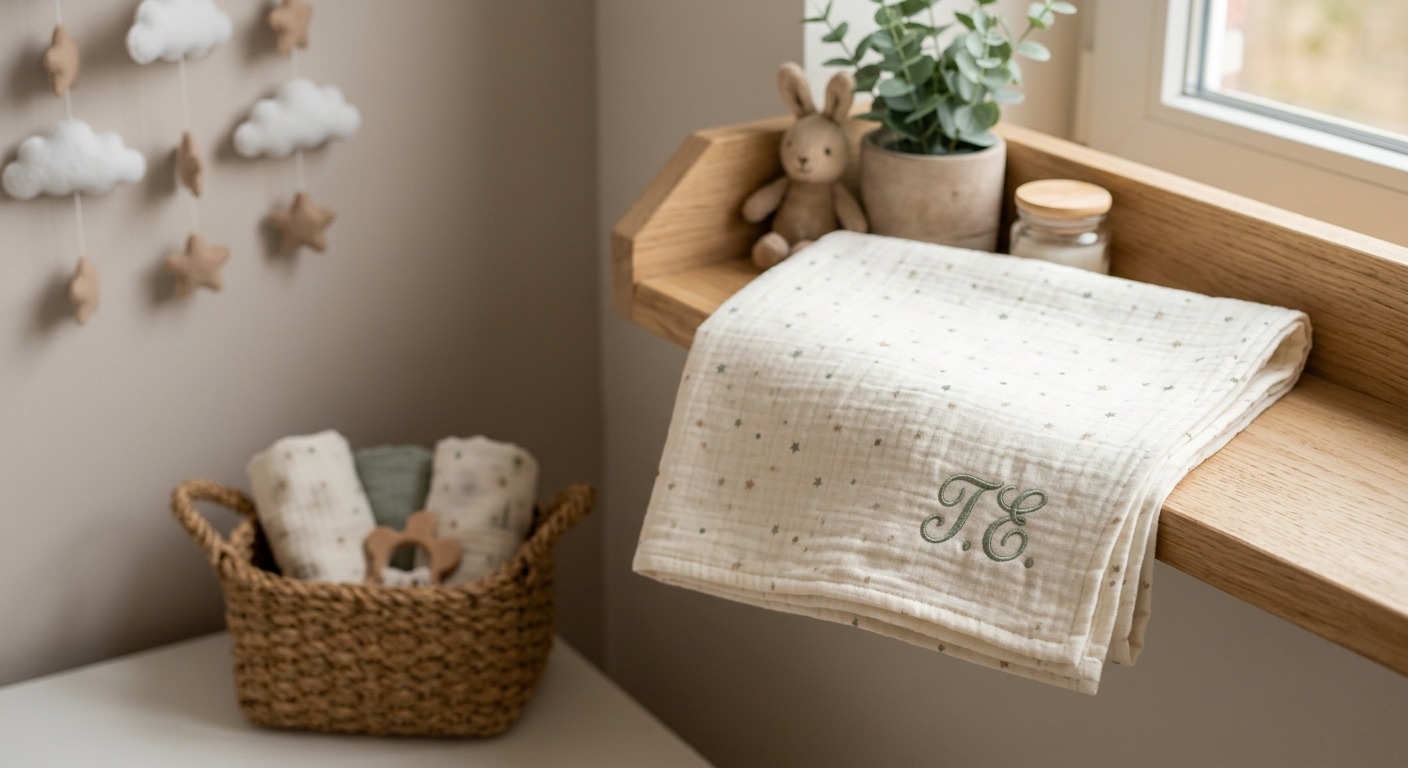Hydrofiele doek met sterretjesprint en geborduurde initialen T.E. over een houten plank in een babykamer