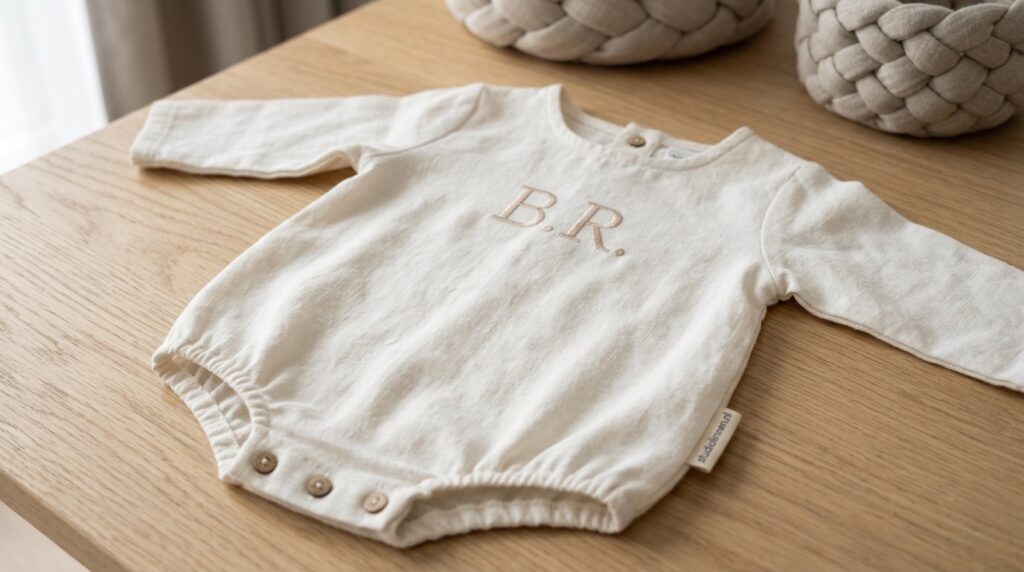 Linnen babyromper met lange mouwen en geborduurde initialen B.R. op een lichte houten tafel