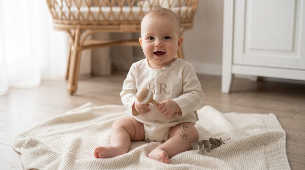 Lachende baby zit op een gebreide deken in een linnen romper met geborduurde initialen B.R. en houdt een houten rammelaar vast