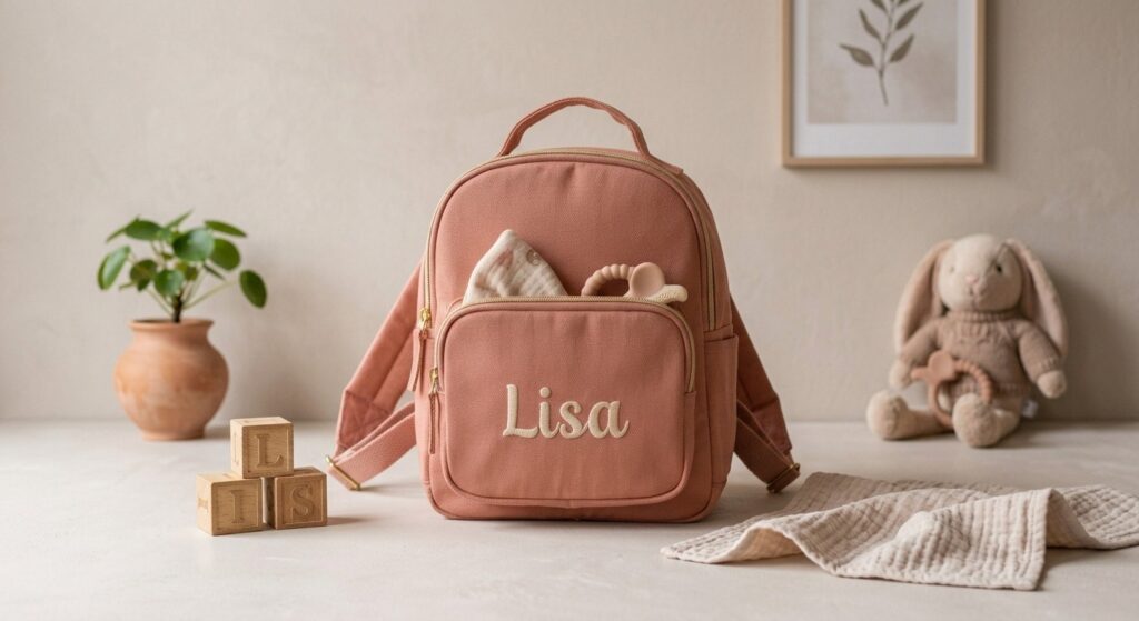 Terracotta kinderrugzakje met de geborduurde naam Lisa op het voorvak, met een bijtring en mousseline doekje erin, naast houten blokken