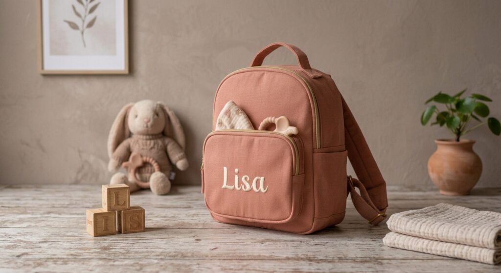 Rugzakje met geborduurde naam Lisa van opzij, met hengsel en verstelbare schouderbanden, naast een knuffelkonijn