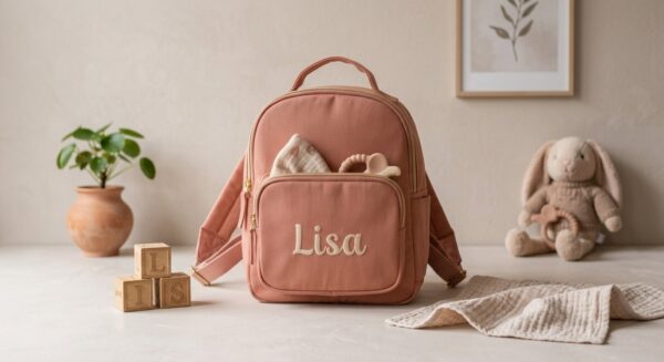 Terracotta kinderrugzakje met de geborduurde naam Lisa op het voorvak, met een bijtring en mousseline doekje erin, naast houten blokken
