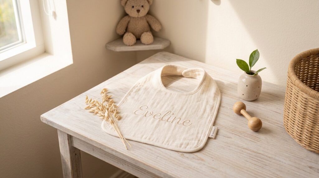 Crèmekleurige slabber met de geborduurde naam Eveline op een witte houten tafel, naast een houten rammelaar en gedroogde haver