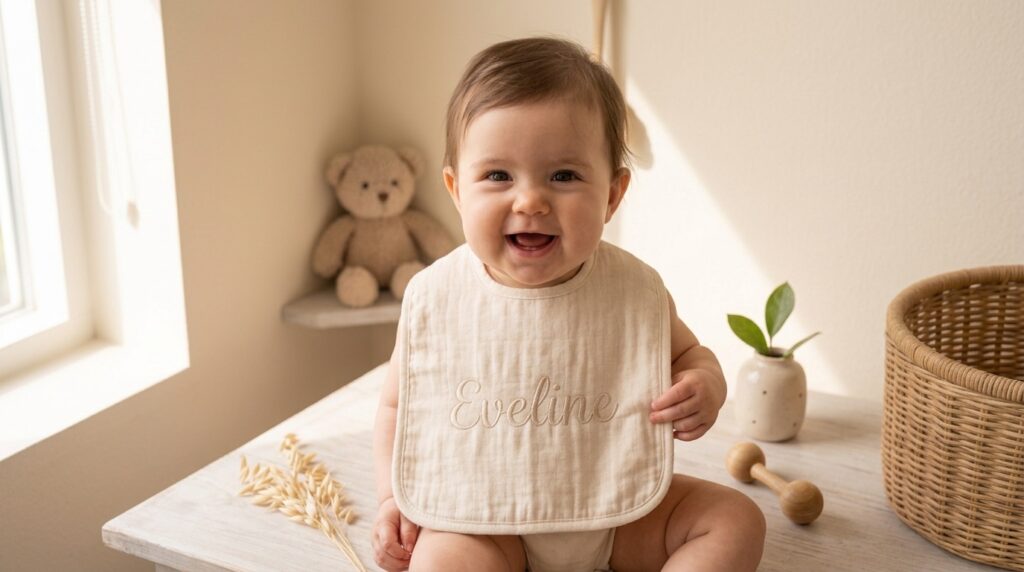 Lachende baby met een crèmekleurige slabber met de geborduurde naam Eveline