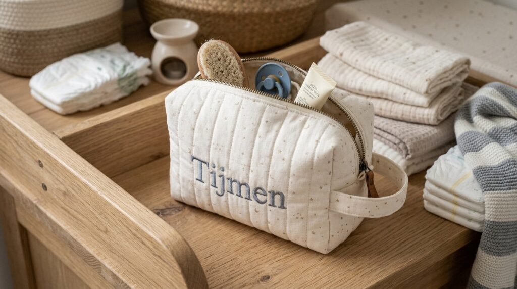 Toilettas met geborduurde naam Tijmen op een houten commode, naast hydrofiele doeken en luiers