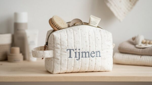 Gewatteerde crèmekleurige toilettas met sterretjesprint en de geborduurde naam Tijmen, gevuld met een babyborstel, speen en crème